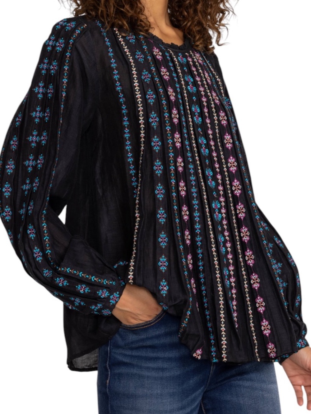 Johnny Was Calico Black Blouse Linen Blend Peasant Embroidered Teal Pink M